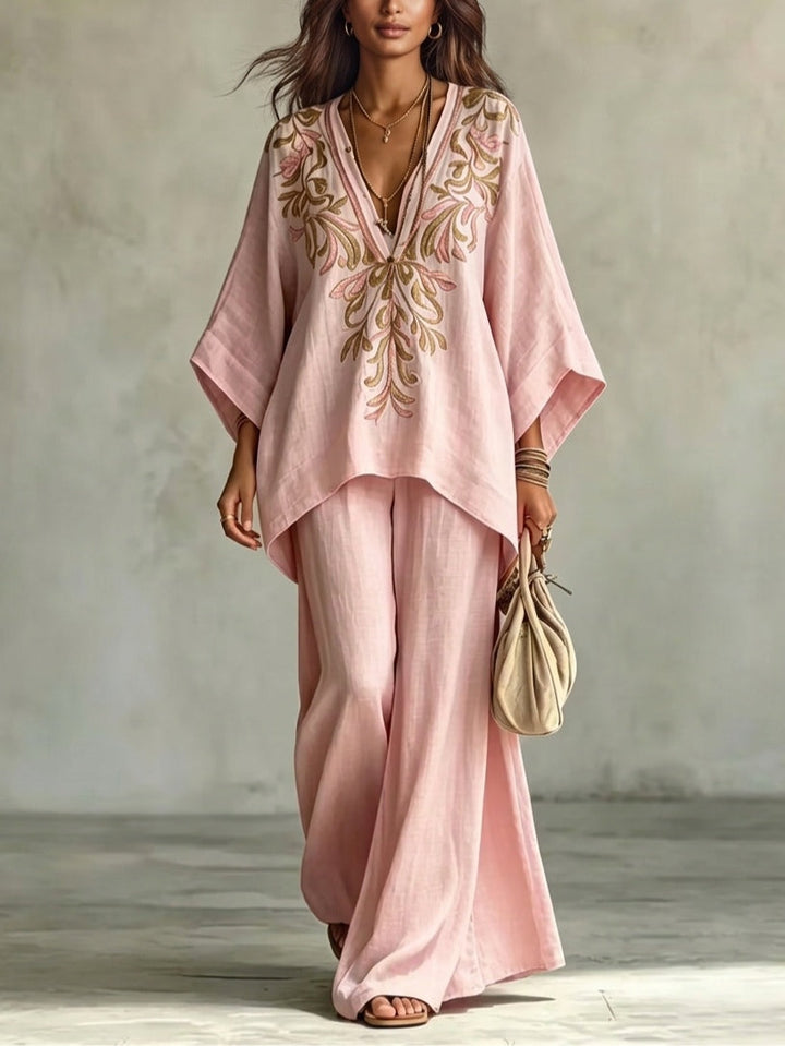 Set di Due Pezzi con Camicia a Maniche Batwing Ricamata e Pantaloni a Gamba Larga Rosa Chiaro