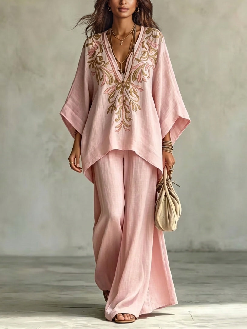 Maglietta con maniche a batwing ricamata rosa chiaro e pantaloni a gamba larga, set di due pezzi