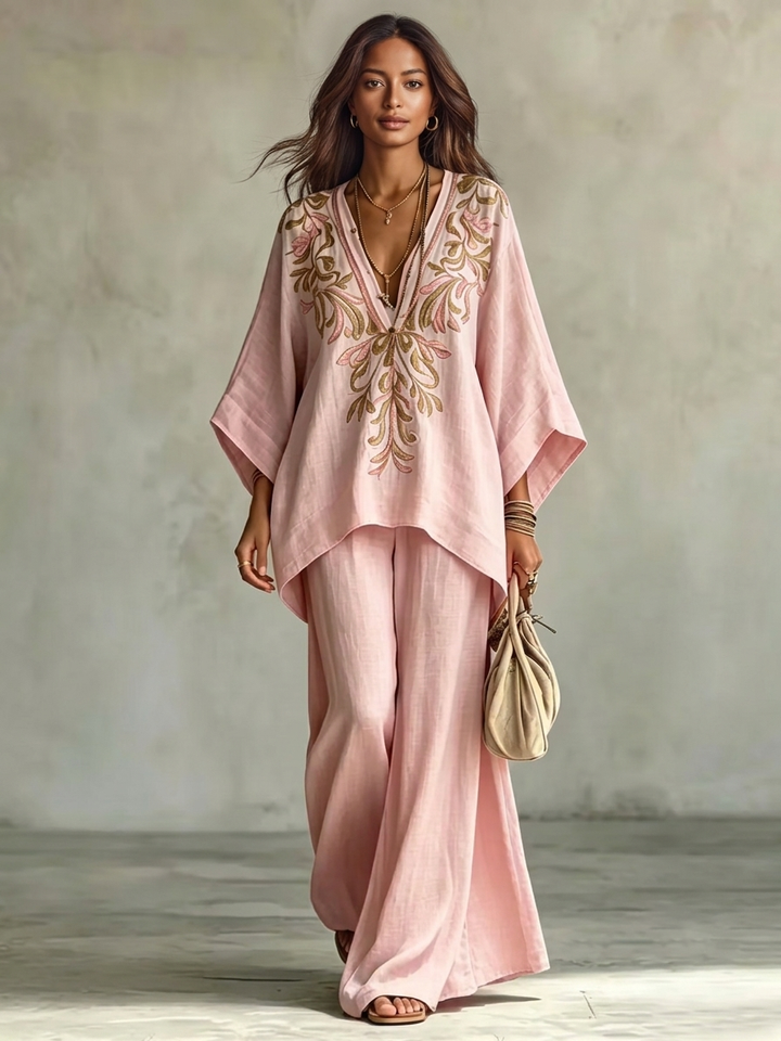 Set di Due Pezzi con Camicia a Maniche Batwing Ricamata e Pantaloni a Gamba Larga Rosa Chiaro
