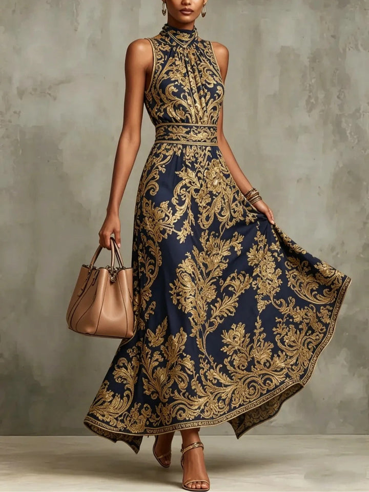 Abito Maxi Senza Maniche con Scollo All'Americana in Stampa Barocca Blu Navy e Oro