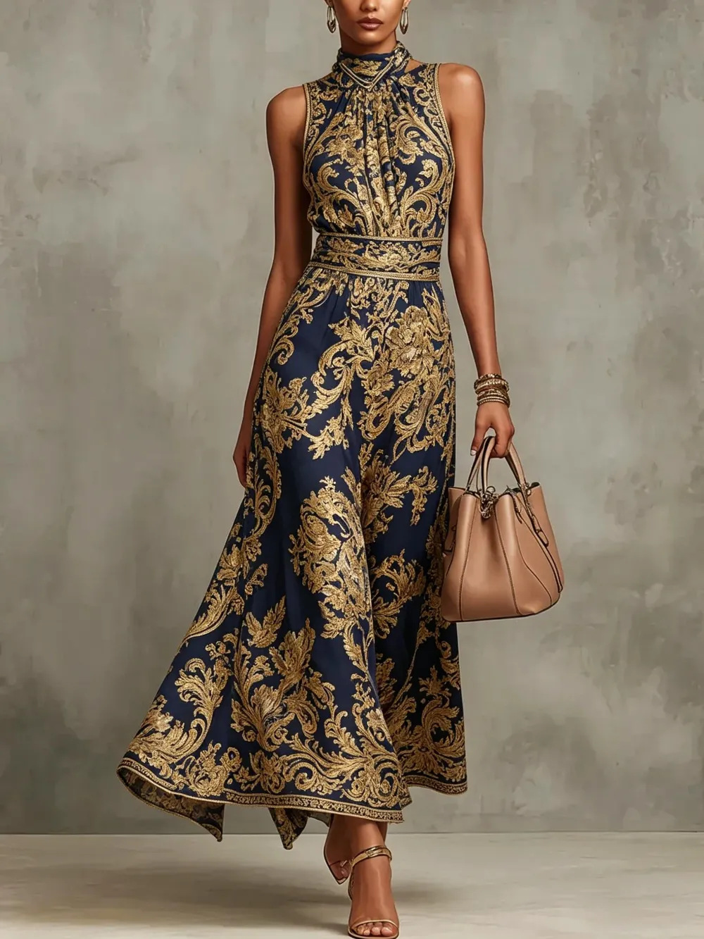 Abito Maxi Senza Maniche con Scollo All'Americana in Stampa Barocca Blu Navy e Oro