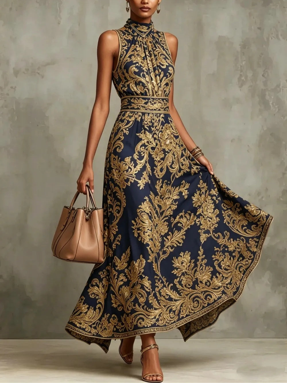 Abito Maxi Senza Maniche con Collo All'Americana e Stampa Barocca Blu Navy e Oro