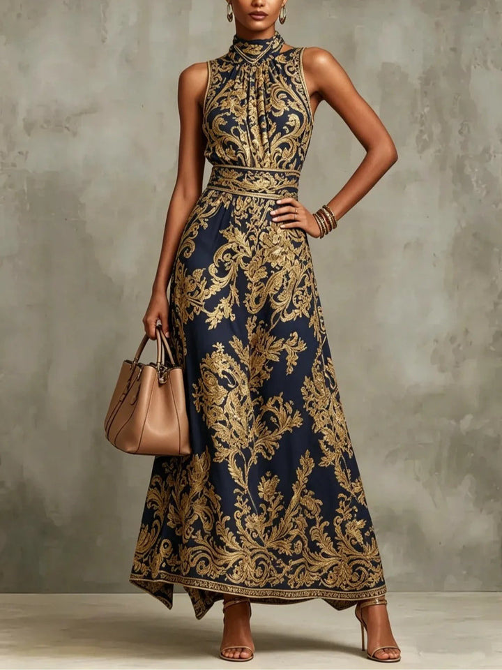 Abito Maxi Senza Maniche con Collo All'Americana e Stampa Barocca Blu Navy e Oro