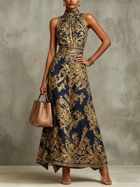 Abito Maxi Senza Maniche con Scollo All'Americana in Stampa Barocca Blu Navy e Oro