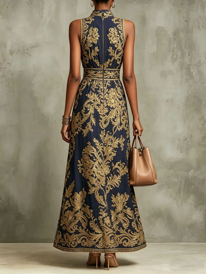 Abito Maxi Senza Maniche con Collo All'Americana e Stampa Barocca Blu Navy e Oro
