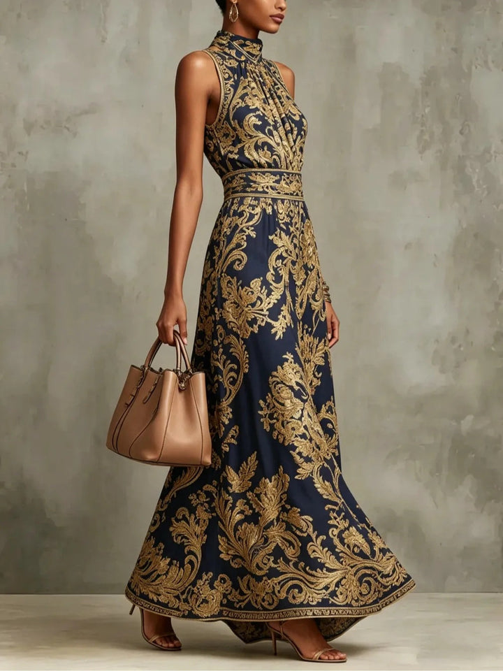 Abito Maxi Senza Maniche con Collo All'Americana e Stampa Barocca Blu Navy e Oro