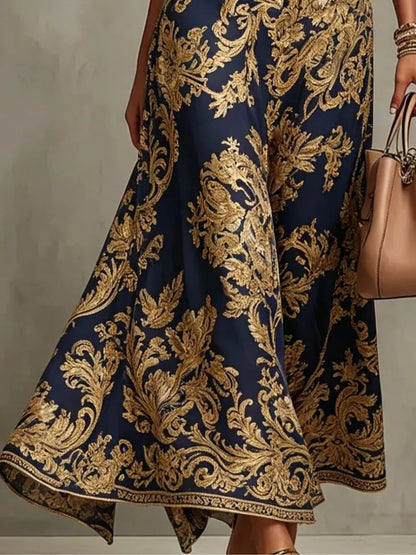 Abito Maxi Senza Maniche con Collo All'Americana e Stampa Barocca Blu Navy e Oro