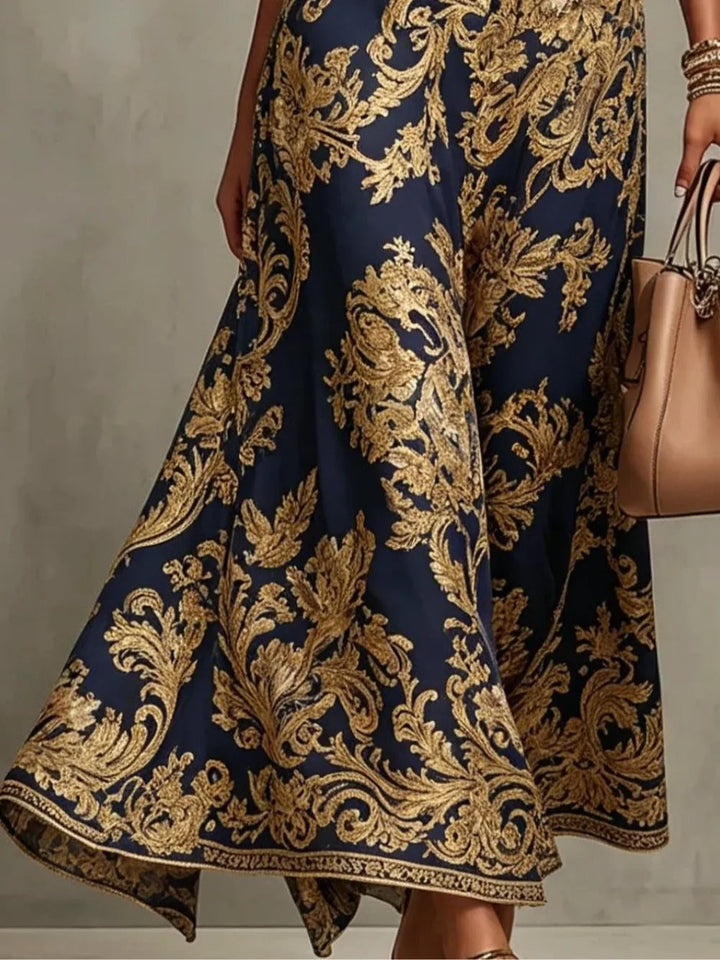 Abito Maxi Senza Maniche con Collo All'Americana e Stampa Barocca Blu Navy e Oro