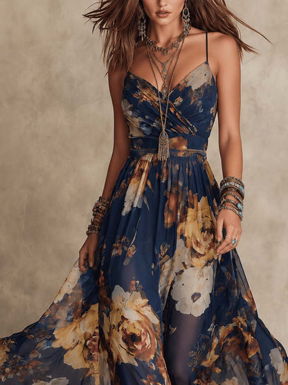 Abito Maxi in Chiffon a Stampa Floreale Blu Navy con Spalline