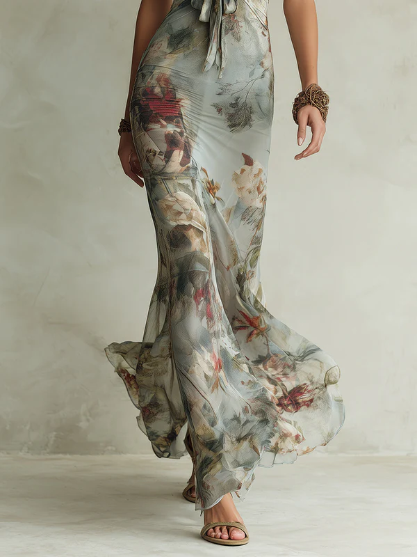 Abito Maxi Fishtail con Stampa Floreale Retro