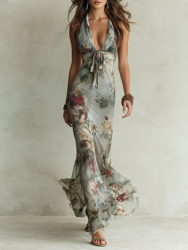 Abito Maxi a Fiori Retro con Scollo Halter e Codino
