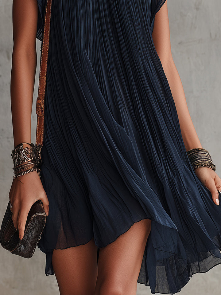 Abito Mini in Chiffon Pieghettato Ricamato a Fiori Blu Navy