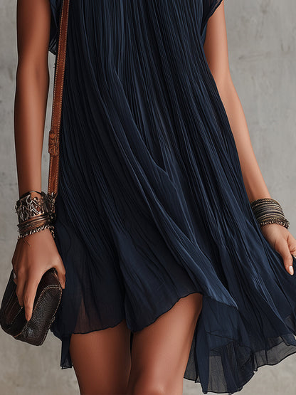 Abito mini in chiffon plissettato ricamato floreale blu navy
