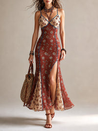 Abito Maxi in Chiffon con Stampa Floreale Rosso Ruggine e Spacco Alto
