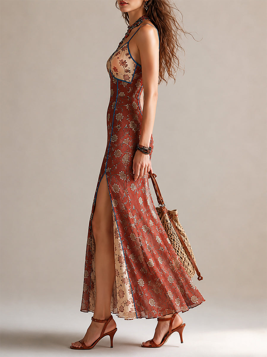 Abito Maxi in Chiffon Stampato Floreale Rosso Ruggine con Spacco Alto e Spalline Sottile