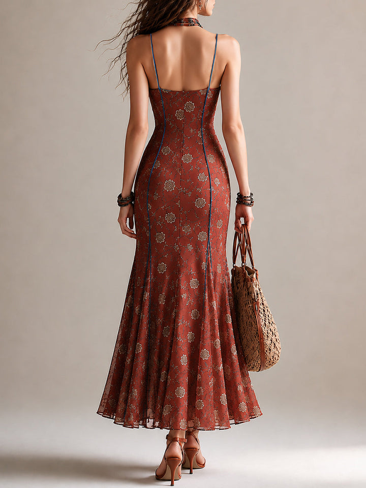 Abito Maxi in Chiffon Stampato Floreale Rosso Ruggine con Spacco Alto e Spalline Sottile