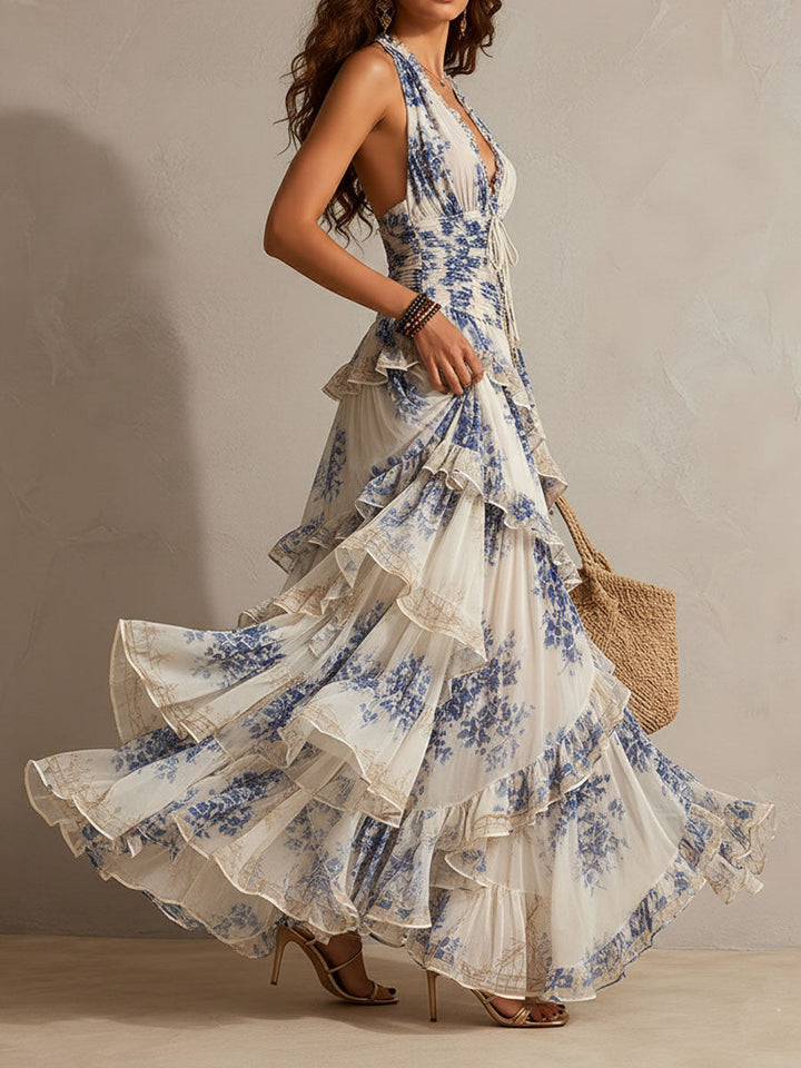 Vestito Maxi a Collo All'Americana con Stampa Floreale Blu e Bianca