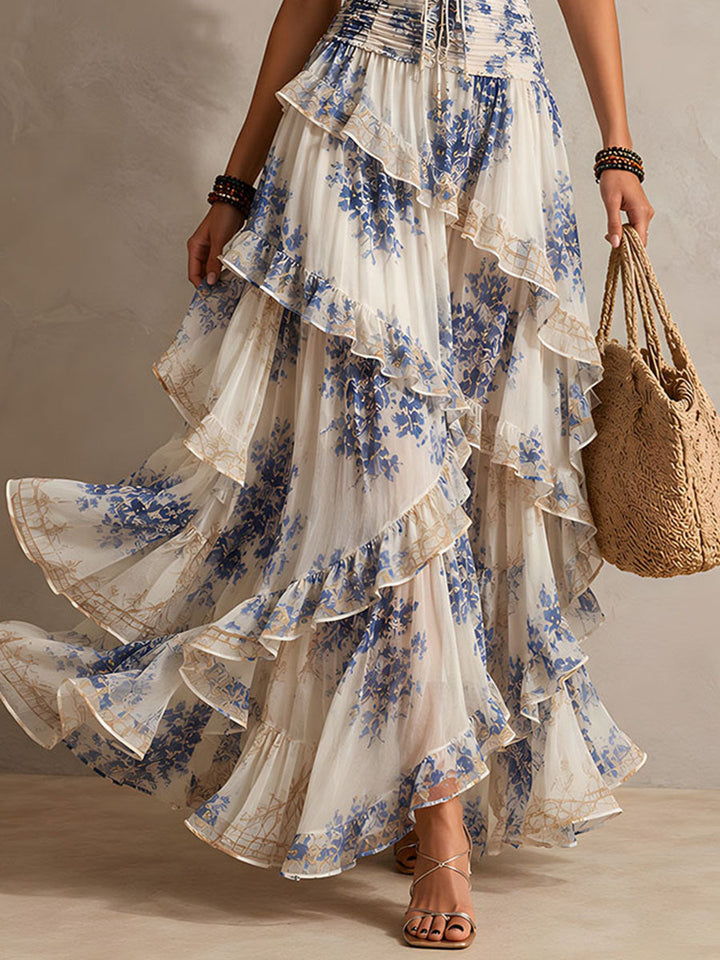 Abito Maxy Ruffle a Scollo Halter con Stampa Floreale Blu e Bianca per Vacanze Romantiche