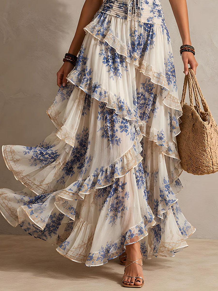Vestito Maxi a Collo All'Americana con Stampa Floreale Blu e Bianca