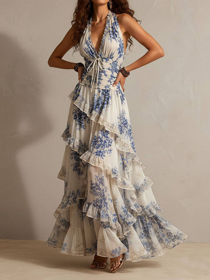 Vestito Maxi a Collo All'Americana con Stampa Floreale Blu e Bianca
