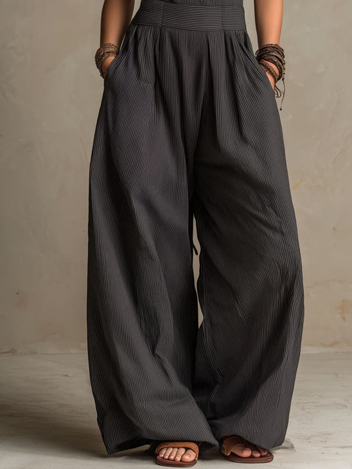 Jumpsuit Boho Charcoal a Scollo Incrociato a Righe con Gamba Larga