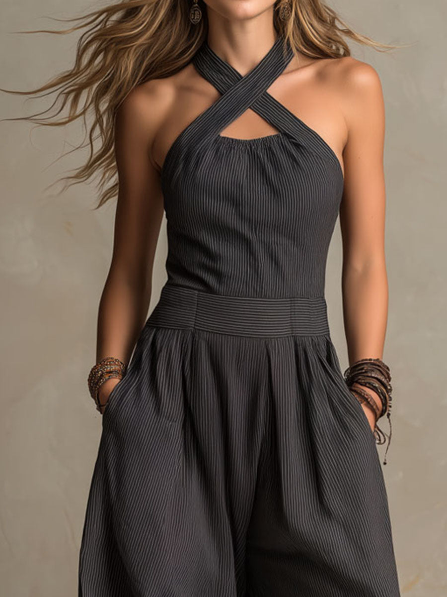 Jumpsuit Boho Charcoal a Scollo Incrociato a Righe con Gamba Larga
