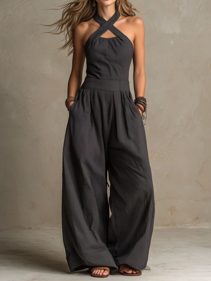 Jumpsuit Boho Charcoal a Scollo Incrociato a Righe con Gamba Larga