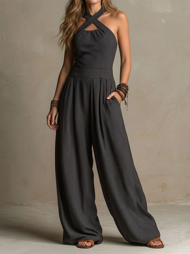 Jumpsuit Boho Charcoal a Scollo Incrociato a Righe con Gamba Larga