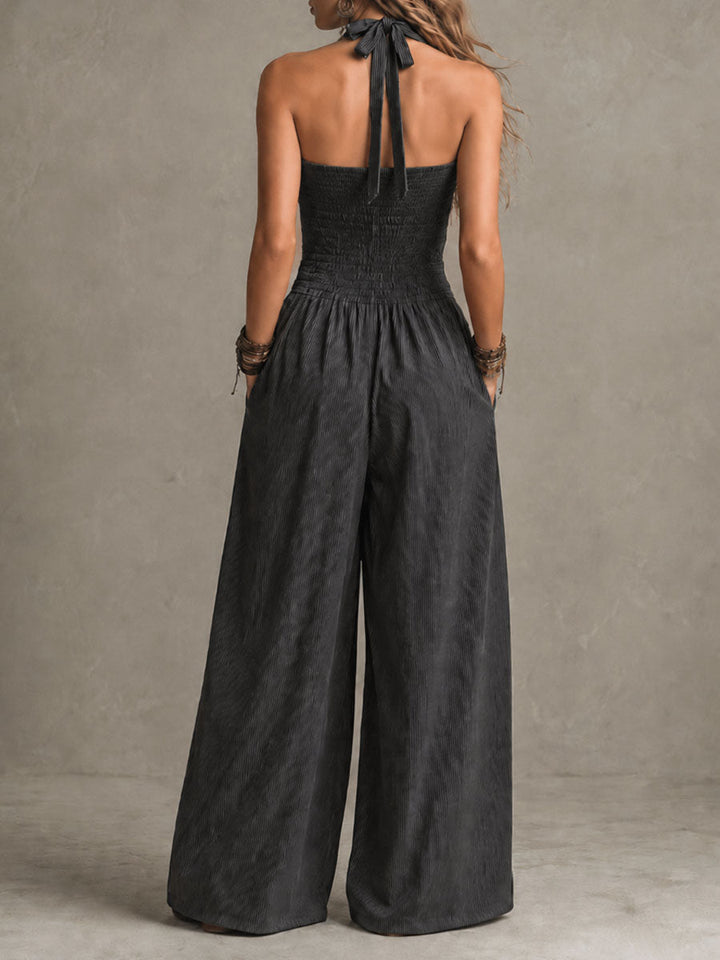 Jumpsuit Boho Charcoal a Scollo Incrociato a Righe con Gamba Larga