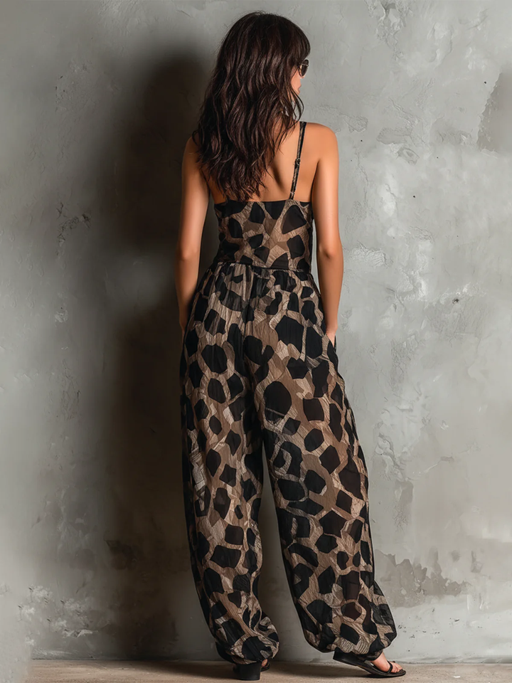 Tuta Larga in Chiffon con Scollo Halter e Stampa Animale Nera