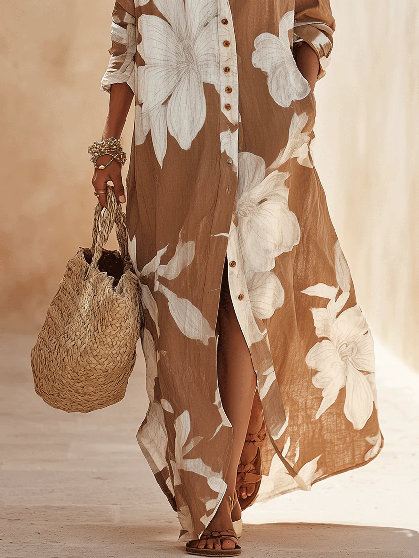 Vestito Camicia Maxi da Vacanza con Stampa Floreale Marrone e Bianca
