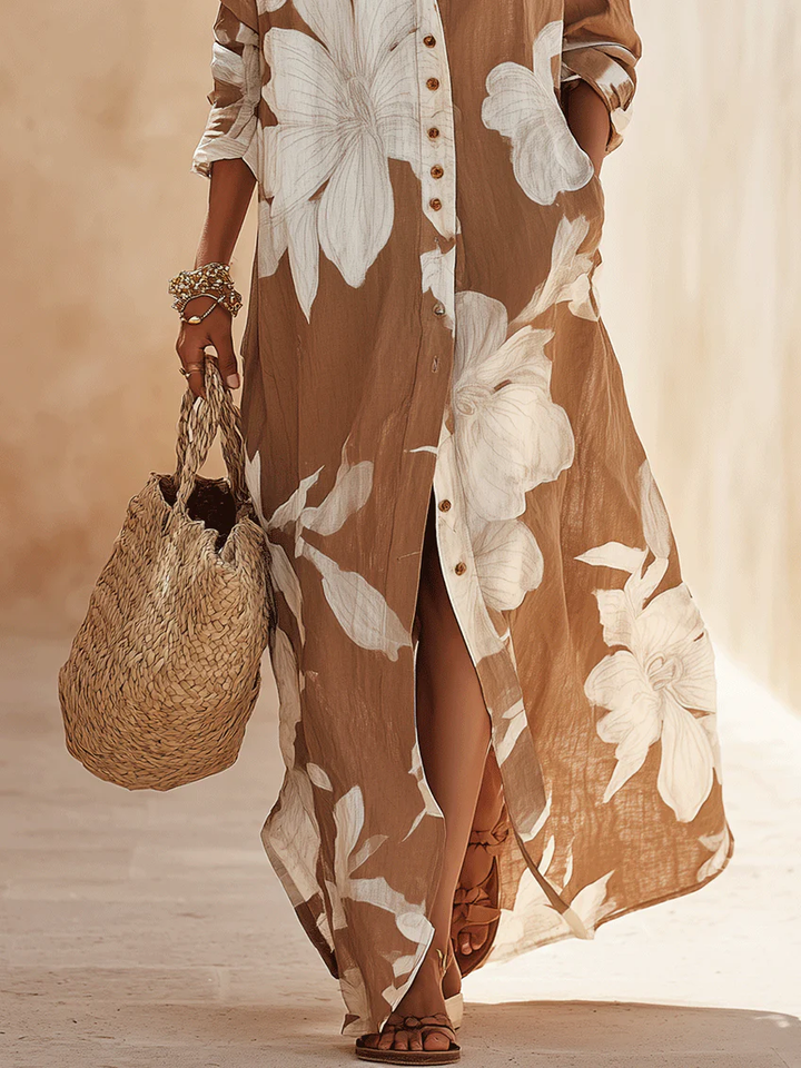 Abito Maxi Camicia con Stampa Floreale Marrone e Bianco per Vacanza