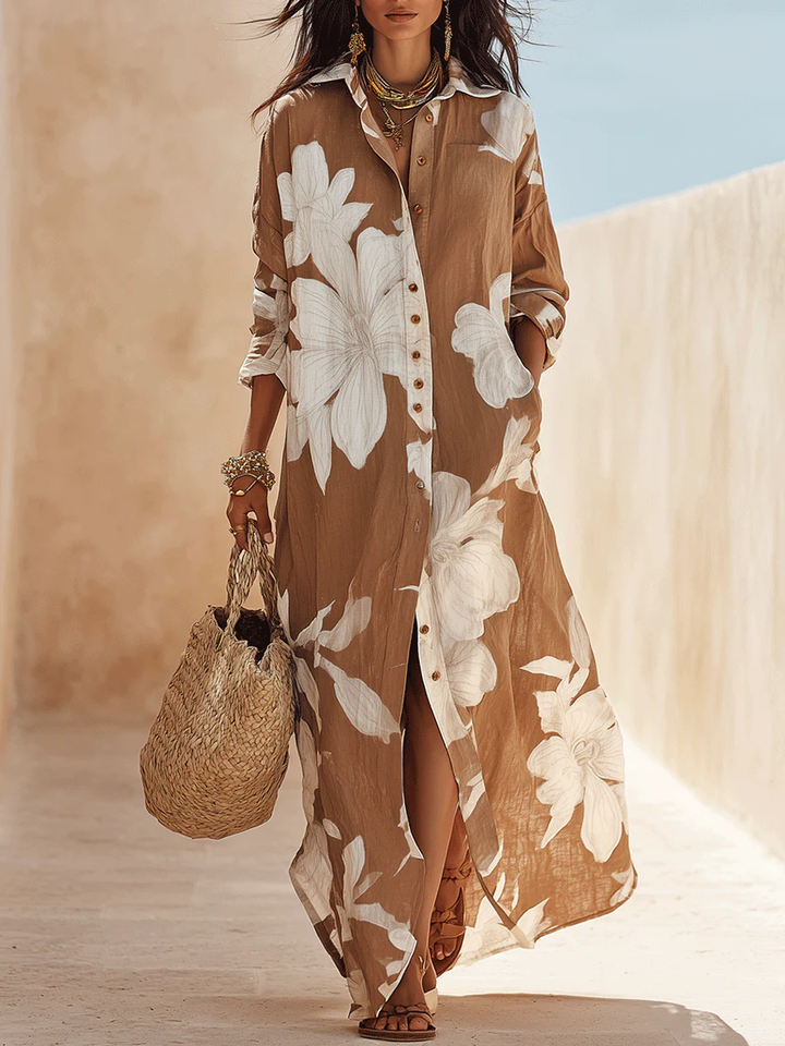 Abito Maxi Camicia con Stampa Floreale Marrone e Bianco per Vacanza
