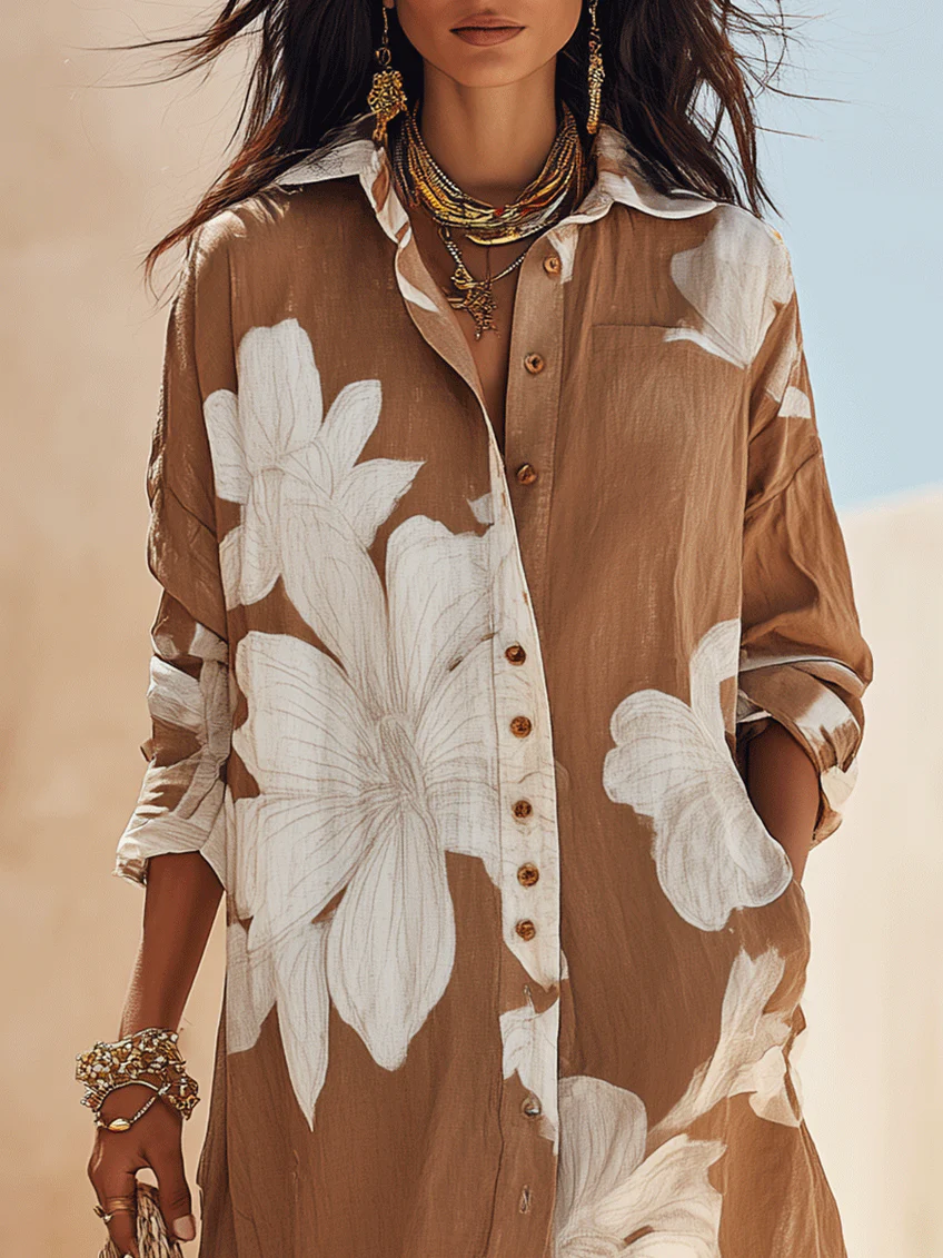 Vestito Camicia Maxi da Vacanza con Stampa Floreale Marrone e Bianca