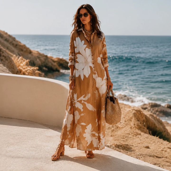 Abito Maxi Camicia con Stampa Floreale Marrone e Bianco per Vacanza