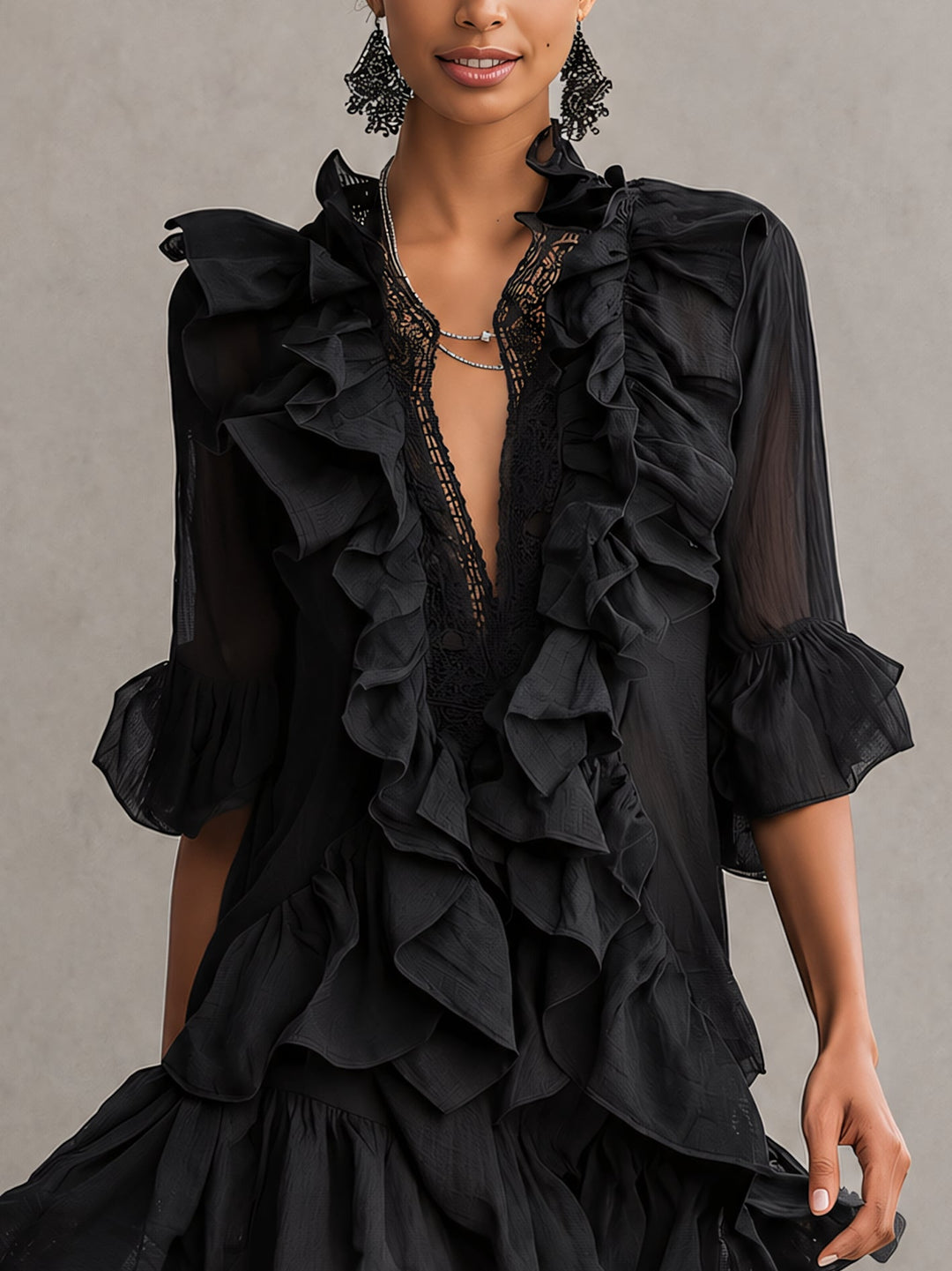 Vestito Mini in Chiffon Nero con Rouches