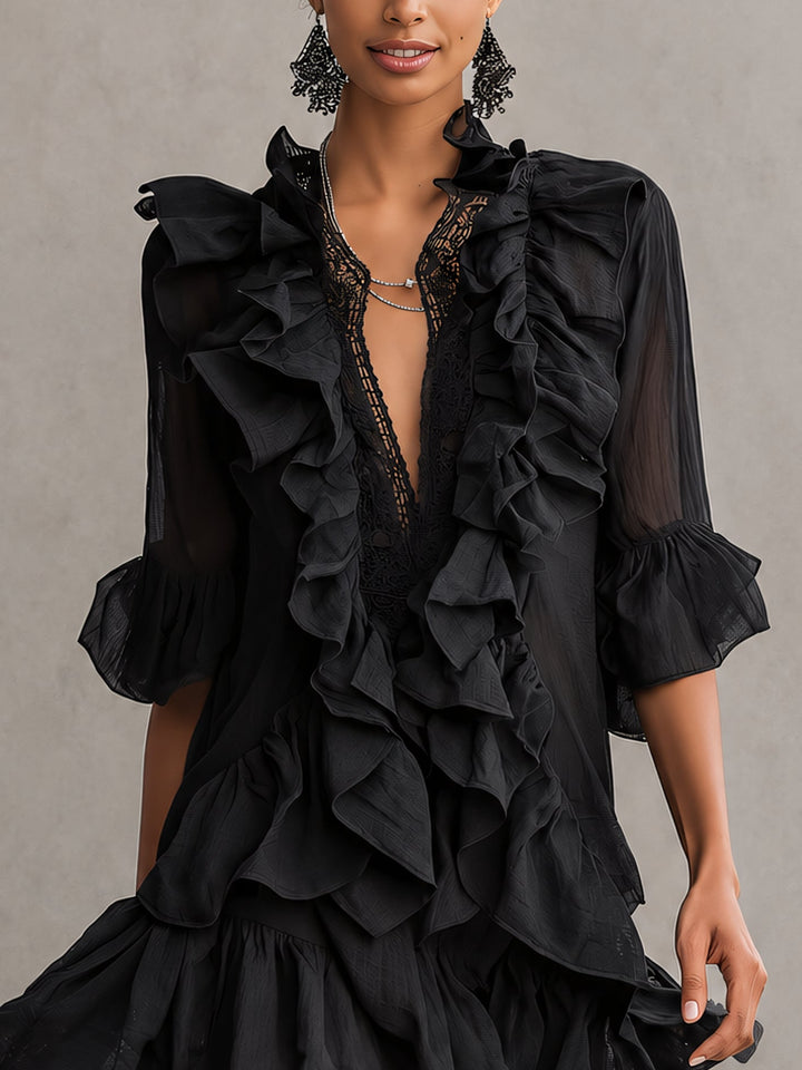 Vestito Mini in Chiffon Nero con Rouches