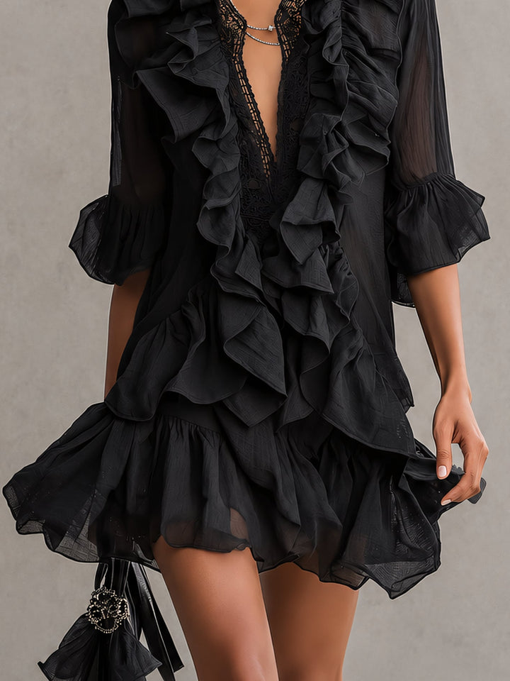 Vestito Mini in Chiffon Nero con Rouches
