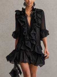 Vestito Mini in Chiffon Nero con Rouches