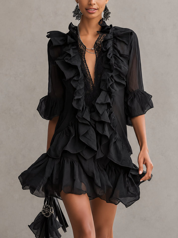 Vestito Mini in Chiffon Nero con Rouches