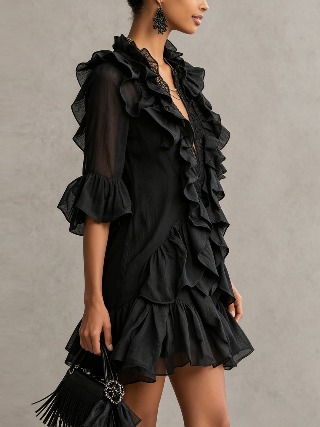 Vestito Mini in Chiffon Nero con Rouches