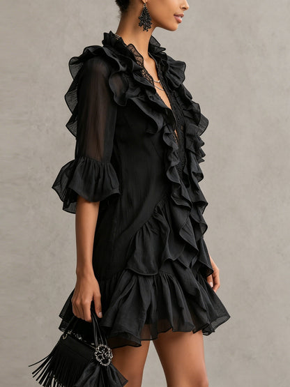 Vestito Mini in Chiffon Nero con Rouches