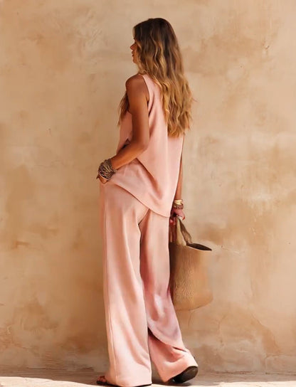 Set casual top senza maniche a spalla unica e pantaloni rosa
