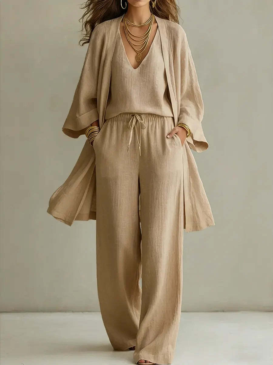 Set di cardigan largo a tinta unita e pantaloni ampi con coulisse