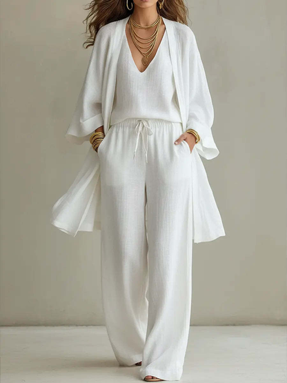 Cardigan Lungo a Colore Solido e Pantaloni a Gamba Larga con Coulisse Set di Tre Pezzi