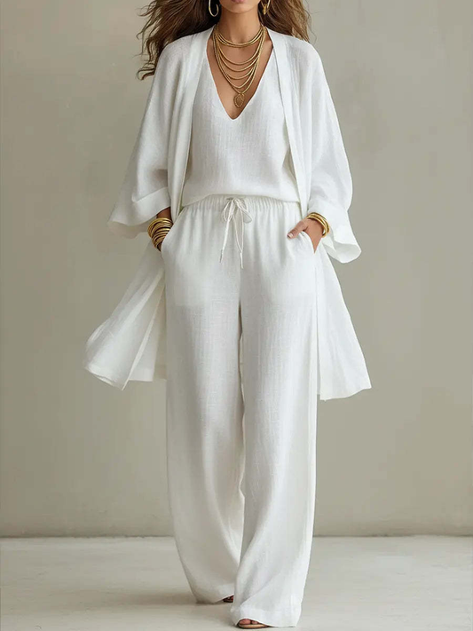 Cardigan Lungo a Colore Solido e Pantaloni a Gamba Larga con Coulisse Set di Tre Pezzi
