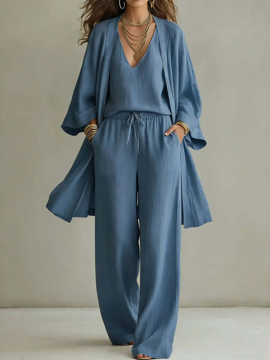Cardigan Largo a Colore Solido e Pantaloni a Gamba Larga con Coulisse - Set di Tre Pezzi