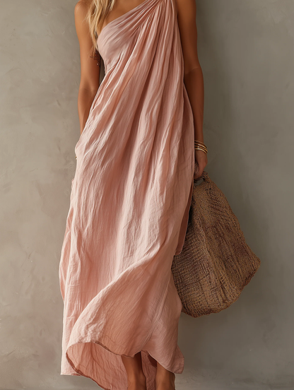 Elegante Abito Maxi Senza Maniche Rosa a Spalla Unica