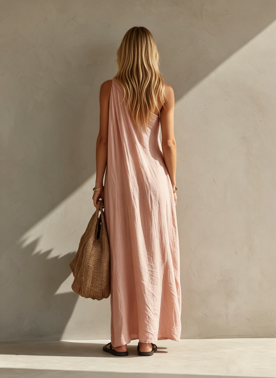 Elegante Abito Maxi Senza Maniche Rosa a Spalla Unica