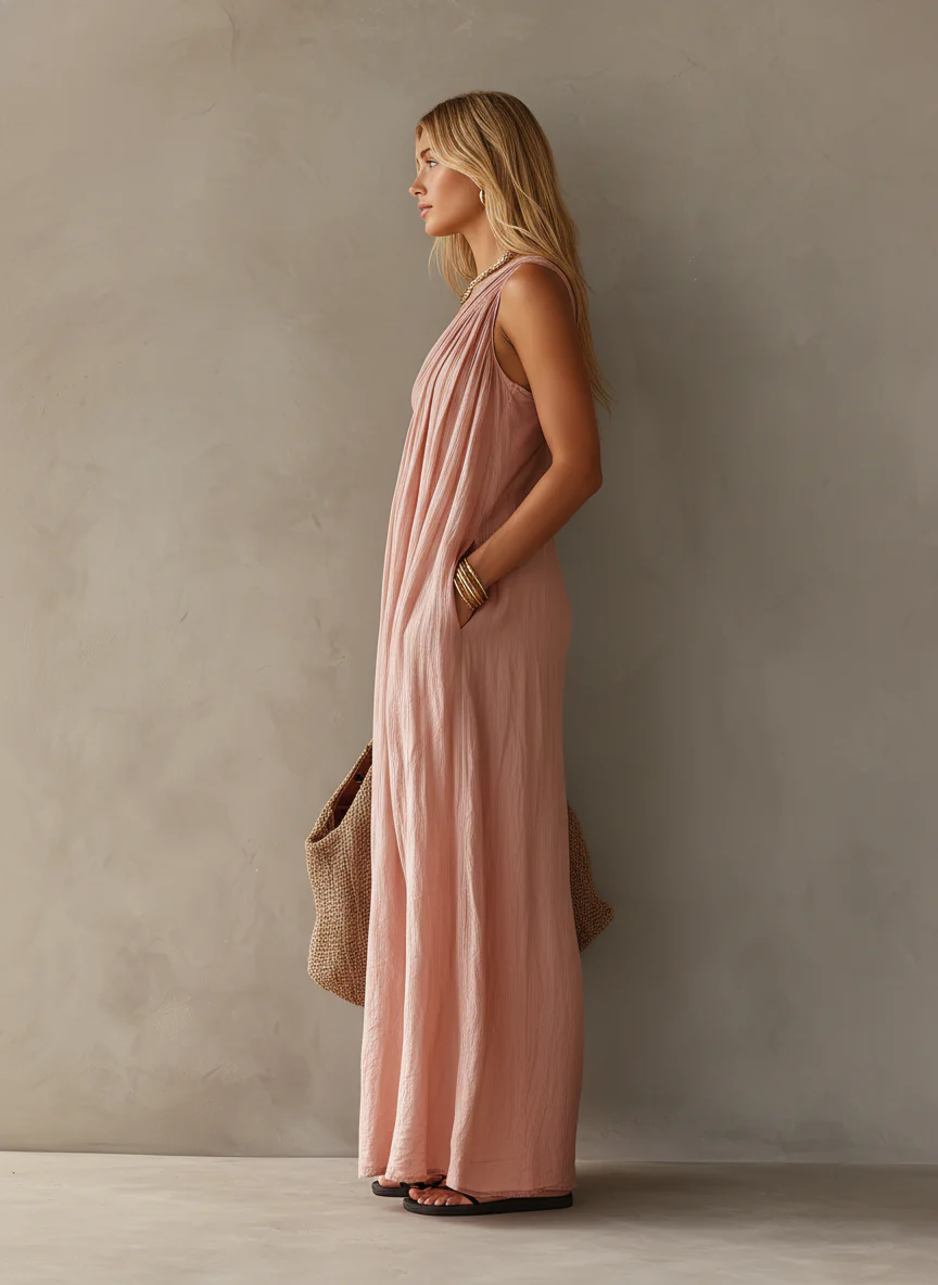 Elegante Abito Maxi Senza Maniche Rosa a Spalla Unica